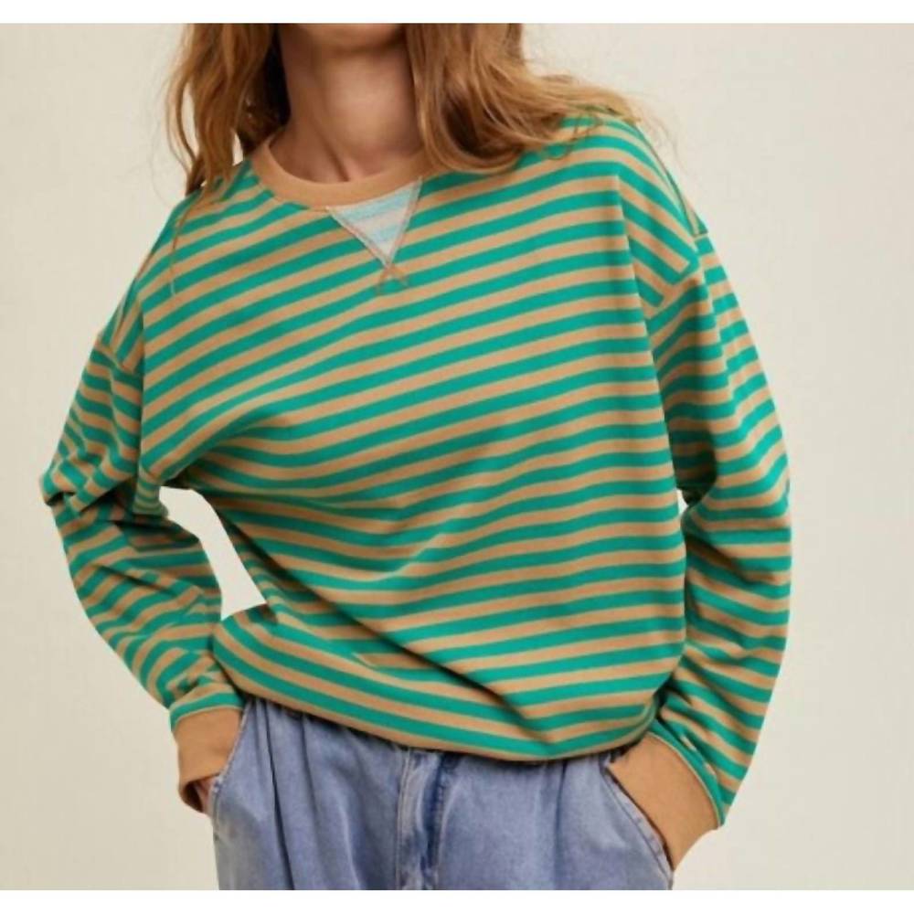 NEW KISSED APPAREL striped oversized crewneck pullover in taupe/green